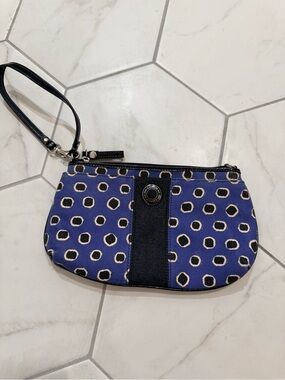 Coach Blue Polka Dot Wristlet with Black Trim